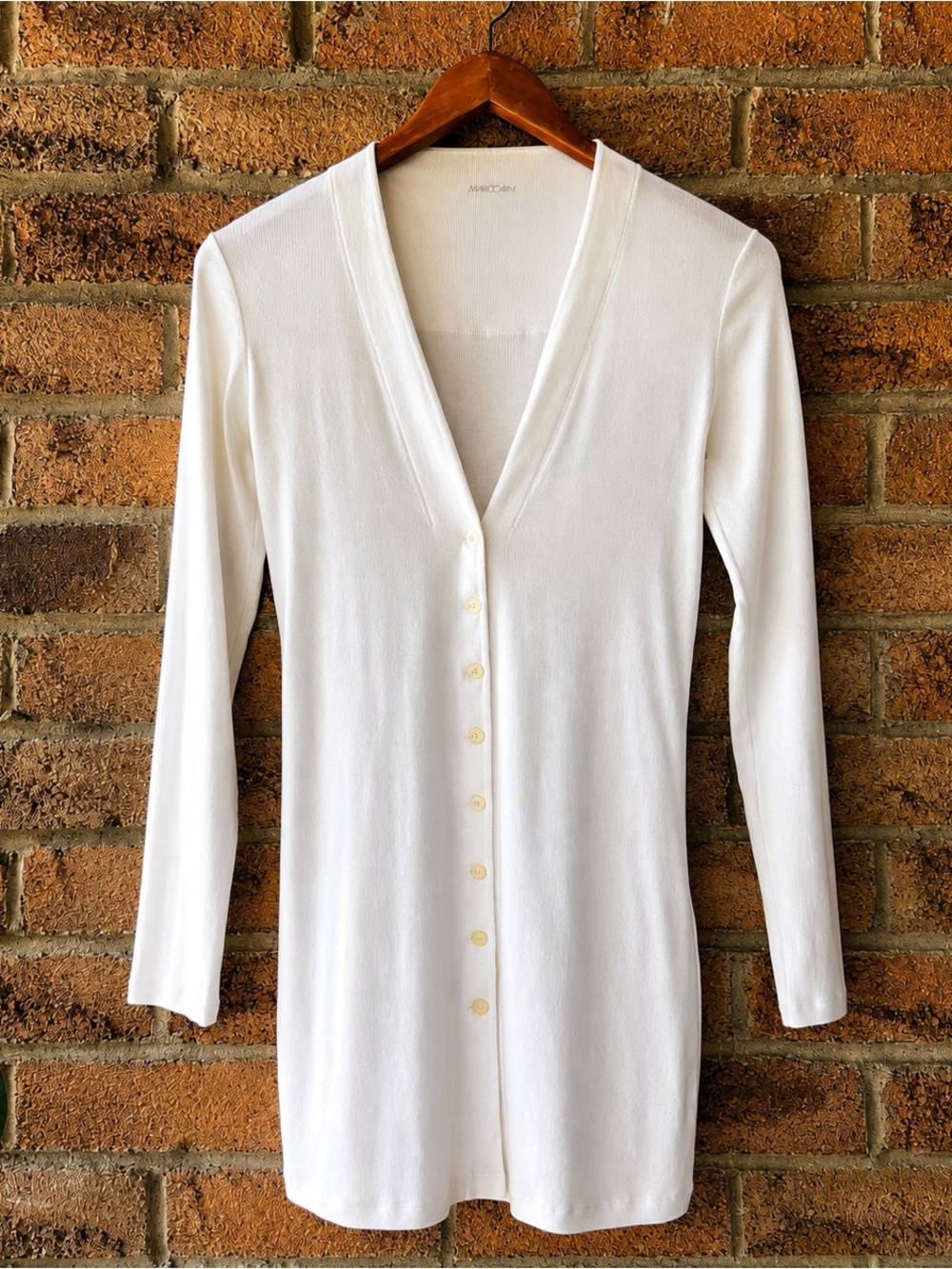 MARC CAIN Fine Rib Cotton Longline Cardigan Top White Button Front